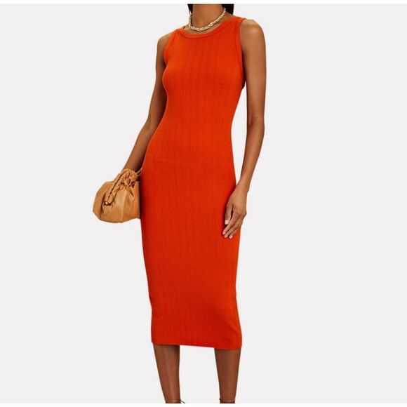 Enza Costa Compact Cotton‎ Scoop Back Midi Dress Sz XS Sunset Orange Ribbed - Picture 13 of 13